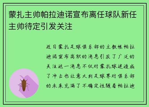 蒙扎主帅帕拉迪诺宣布离任球队新任主帅待定引发关注