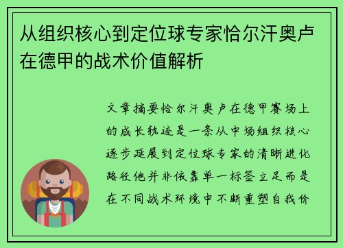 从组织核心到定位球专家恰尔汗奥卢在德甲的战术价值解析 从组织核心到定位球专家恰尔汗奥卢在德甲的战术价值解析